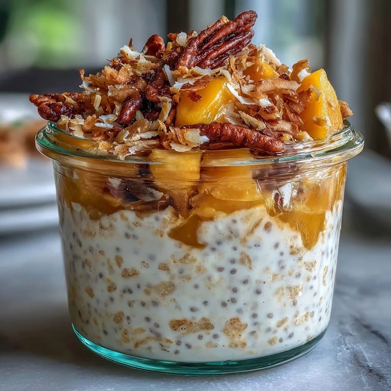 Creamy overnight oats layered with fresh mango, chia seeds, and a golden toasted coconut crunch, served in a jar for a tropical morning treat.