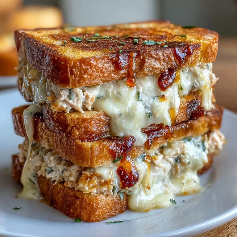 Close-up of a spicy tuna melt sandwich with golden crust, melted cheese, and vibrant chili oil drizzle.