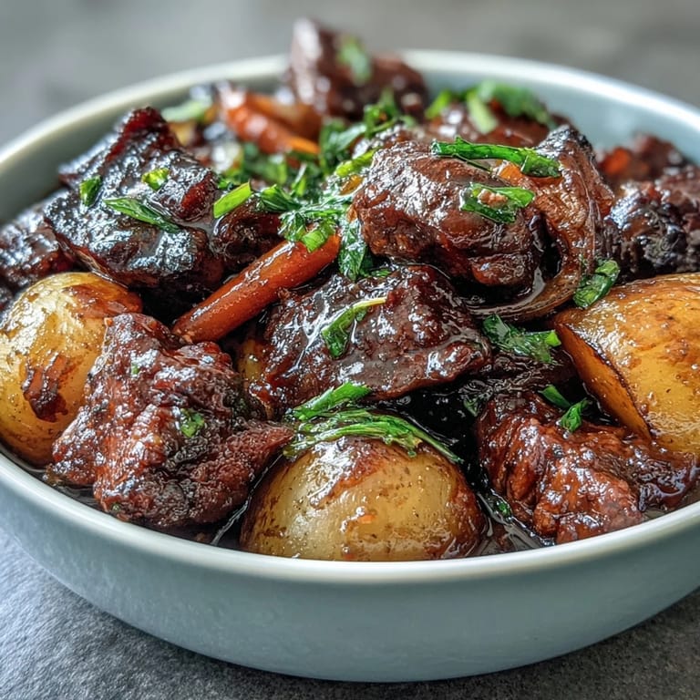 Savory Nikujaga recipe featuring braised beef, onions, and carrots simmered in a sweet-savory Japanese sauce until rich and tender.  