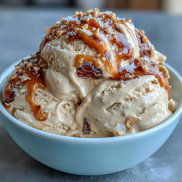 Creamy tahini ice cream with luscious dates and sea salt, perfect for a Middle Eastern-inspired dessert.