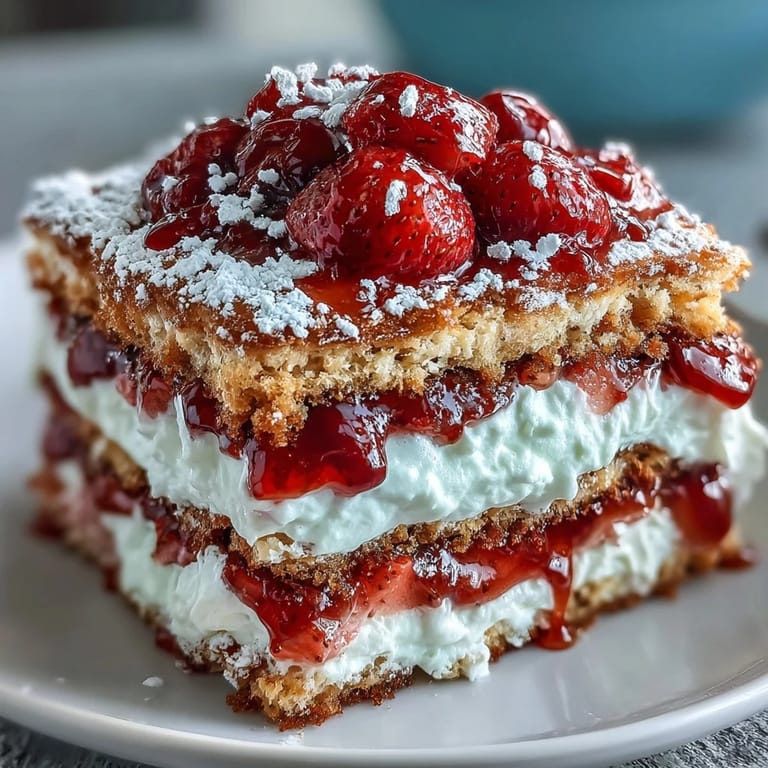 Heart-shaped strawberry shortcakes layered with sweet strawberries and billowy whipped cream, an elegant and classic American dessert for two.