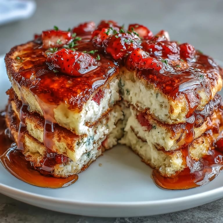 Golden brown pancakes with creamy cottage cheese texture, drizzled with fresh strawberry syrup for a sweet brunch treat.  