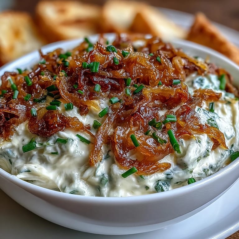 Rich and savory caramelized onion dip with sour cream and chives, featuring golden onions blended into a tangy, herb-flecked spread for dipping.