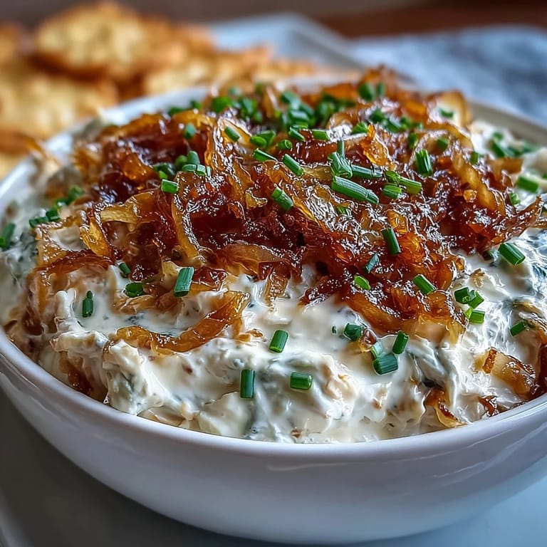 Velvety caramelized onion dip with sour cream and chives, served chilled with an array of fresh vegetables and crunchy crackers.