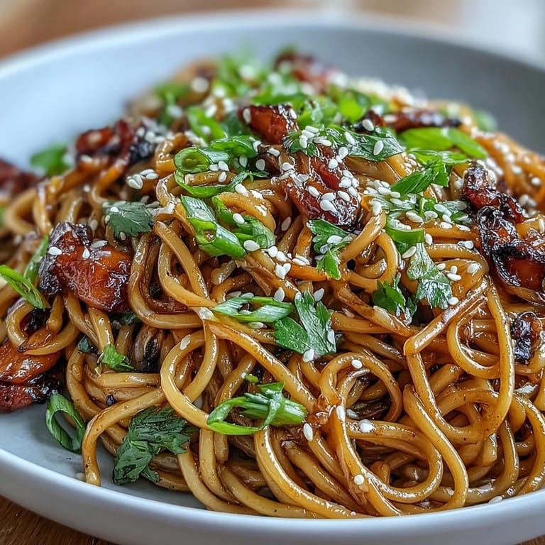 Asian Ginger Scallion Noodles with Soy Glaze: A quick vegetarian noodle dish featuring aromatic ginger, garlic, and scallion sauce, topped with sesame seeds for a satisfying weeknight meal.