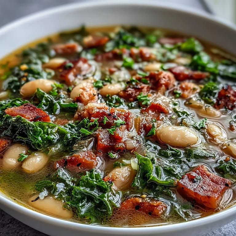 Homemade Ham and Kale White Bean Soup served in a deep bowl, showcasing smoky ham, tender white beans, and hearty kale in a rich, flavorful broth.