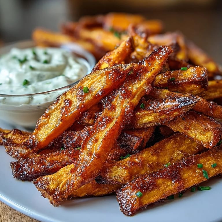 Crispy sweet potato fries made in the air fryer, paired with tangy onion dip for a flavorful vegetarian treat.  