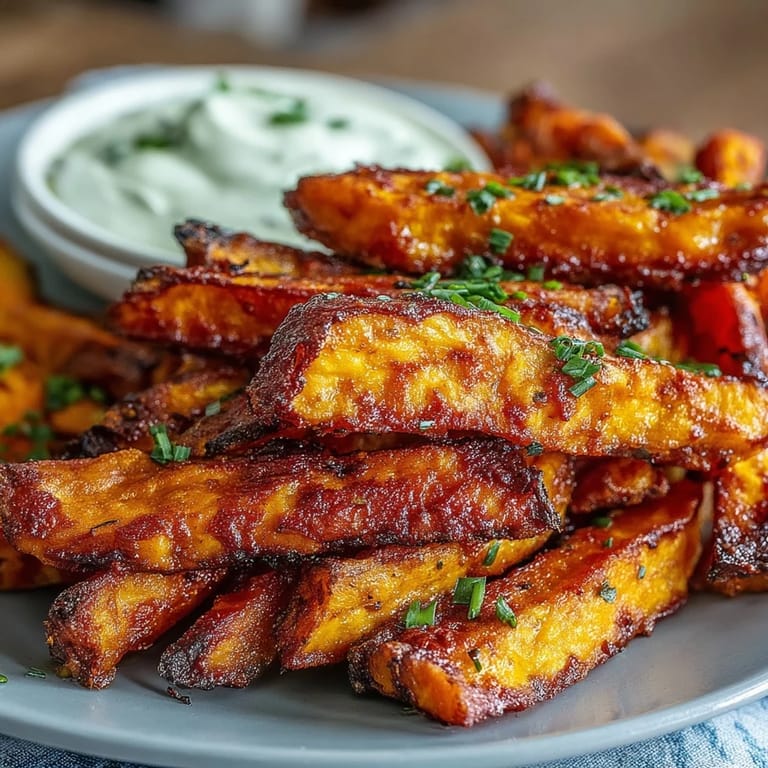 Air-fried sweet potato fries with smoky seasoning, served alongside rich and creamy homemade onion dip for dipping.