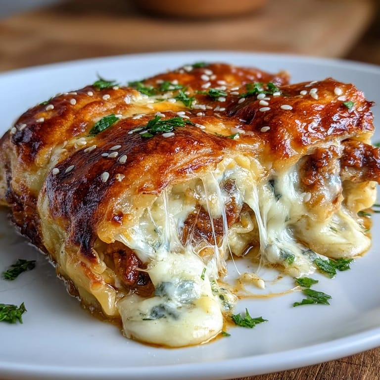 Golden-baked casserole of layered dumpling wrappers, seasoned pork, and crisp cabbage, topped with melted cheese and sesame seeds for a fusion twist.