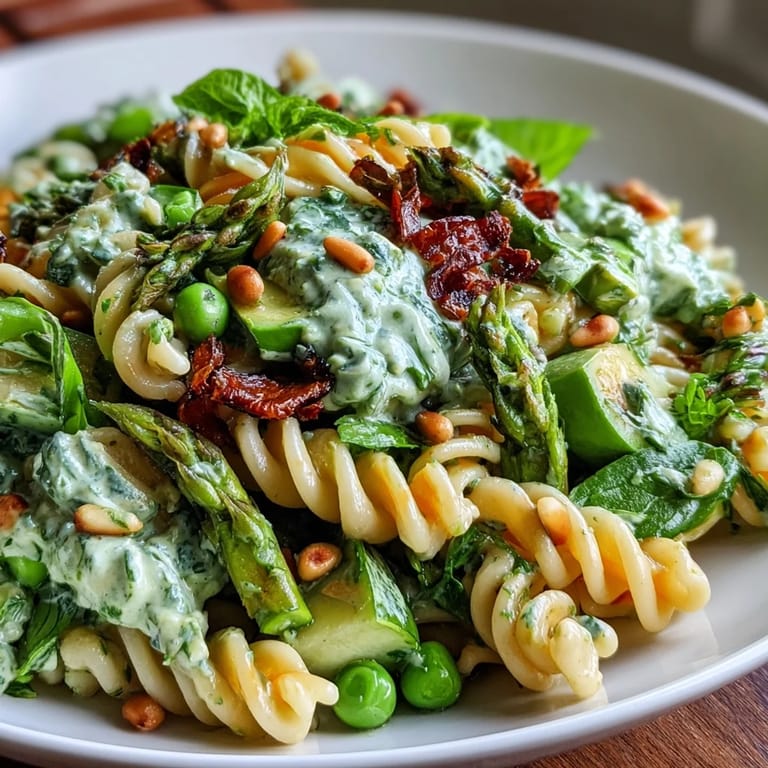 Creamy Green Goddess Pasta Salad featuring tender pasta, crisp sugar snap peas, and a zesty lemon-herb dressing for a refreshing spring meal.  