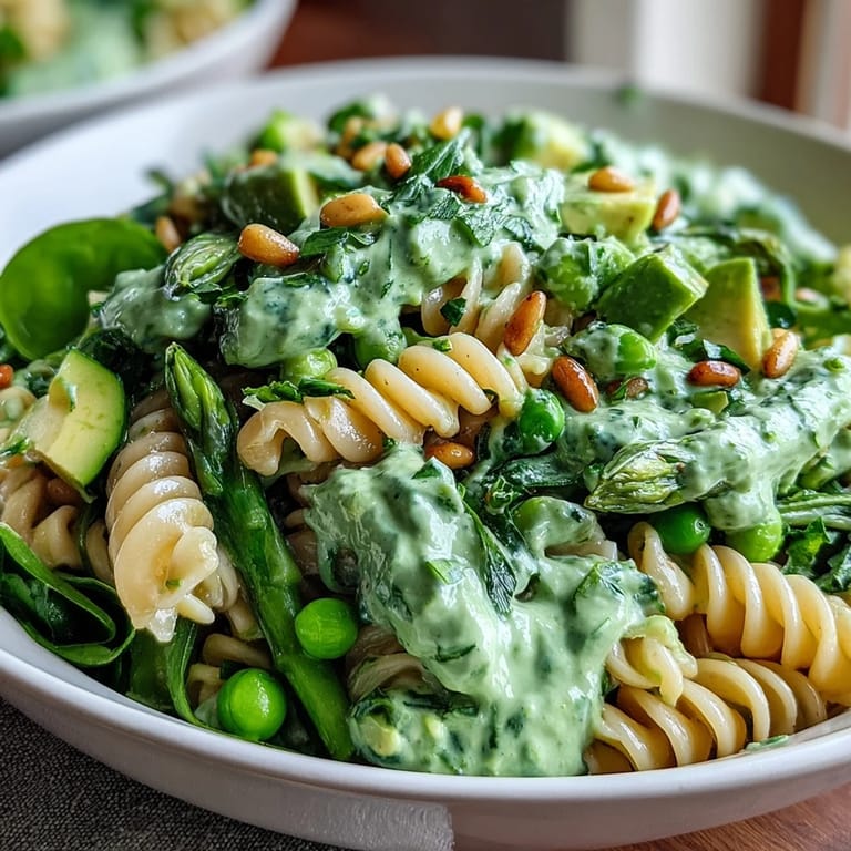 Fresh and colorful Spring Green Goddess Pasta Salad tossed with avocado, spinach, and a rich, herby dressing—perfect for light lunches or gatherings.