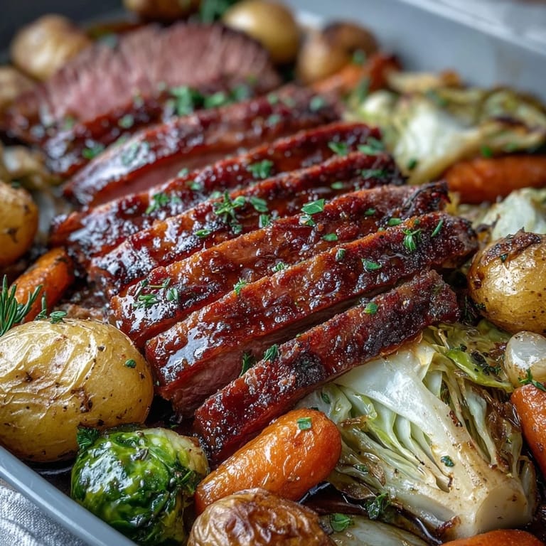 Tender corned beef slices nestled among crisp cabbage wedges and golden baby potatoes on a sheet pan.  