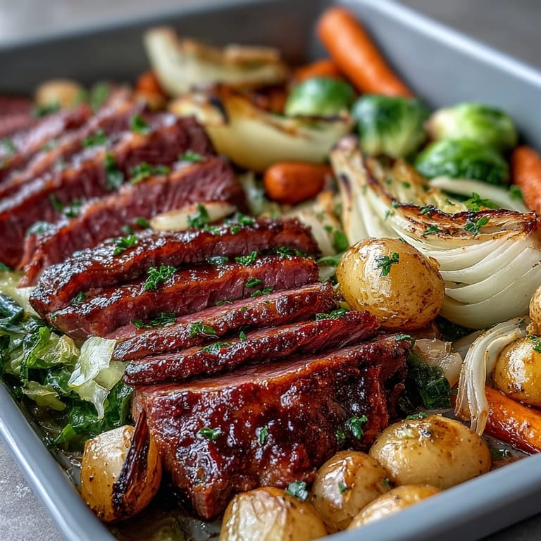 Classic corned beef and cabbage sheet pan dinner with savory roasted vegetables and a hint of garlic.