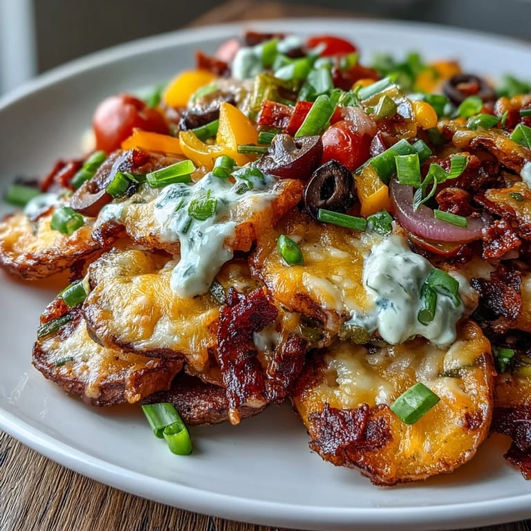 Crispy potato rounds topped with rainbow veggies, cheddar cheese, and fresh herbs, served alongside a zesty Greek yogurt ranch for a healthier nacho twist.