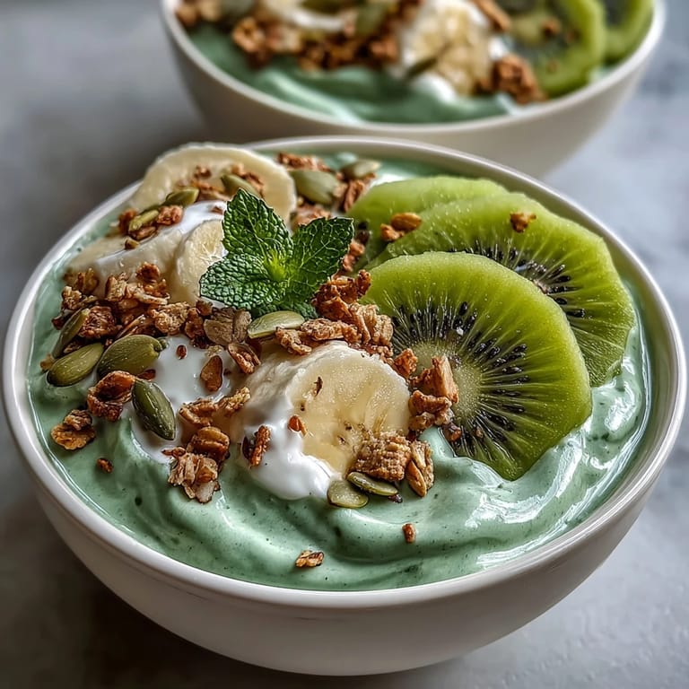 Creamy Shamrock Green Smoothie Bowl with Kiwi and Spinach, blended with banana and yogurt, garnished with pumpkin seeds and mint for a refreshing morning treat.