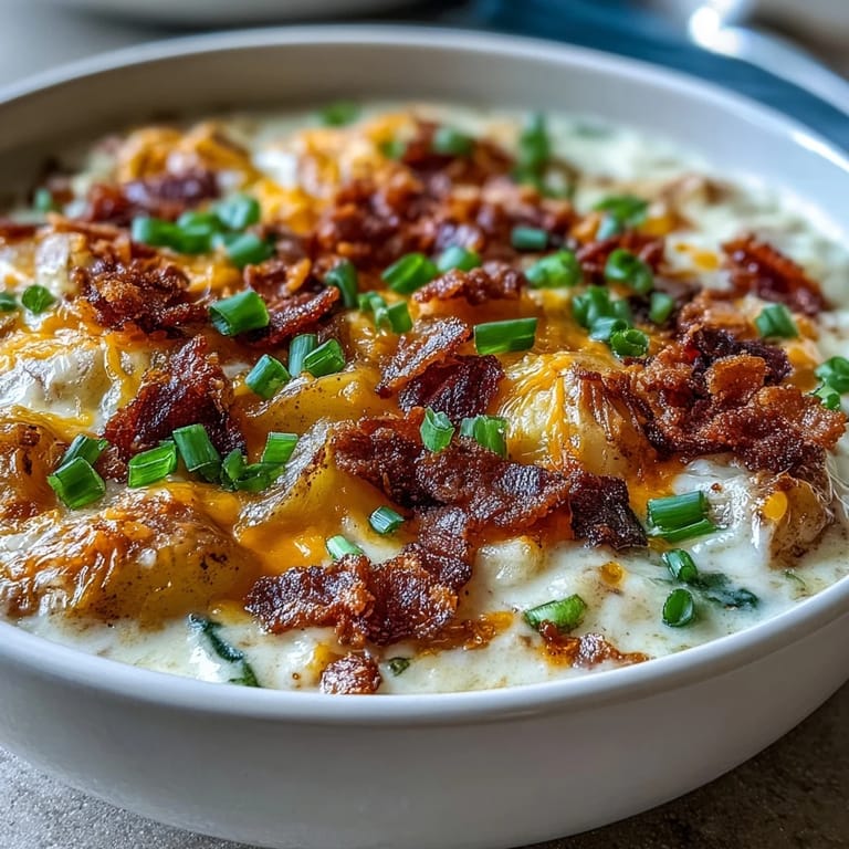 A steaming bowl of lightened-up St. Patricks Day potato soup topped with crumbled bacon, shredded cheese, and fresh green onion slices.