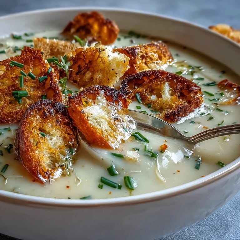 A steaming bowl of velvety leek and potato soup garnished with crunchy sourdough croutons, perfect for a cozy lunch or dinner.
