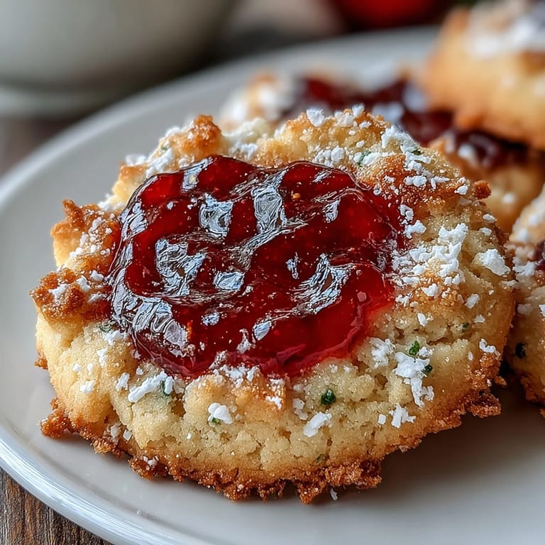Golden thumbprint cookies with a dollop of sweet strawberry jam, a classic crowd-pleasing dessert.