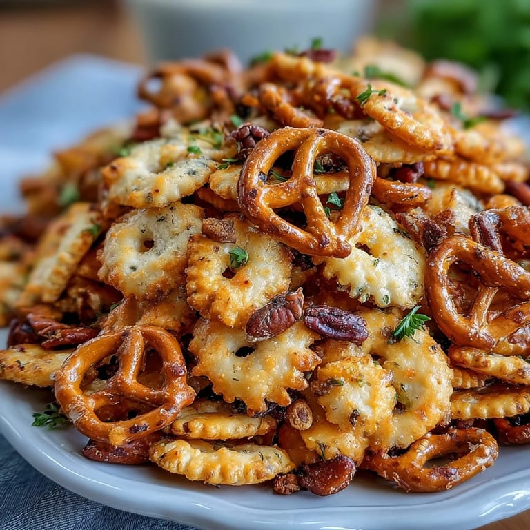 Golden homemade sourdough Cheez-Its combined with pretzels and mixed nuts, baked with buttery Worcestershire seasoning for ultimate crunch.  
