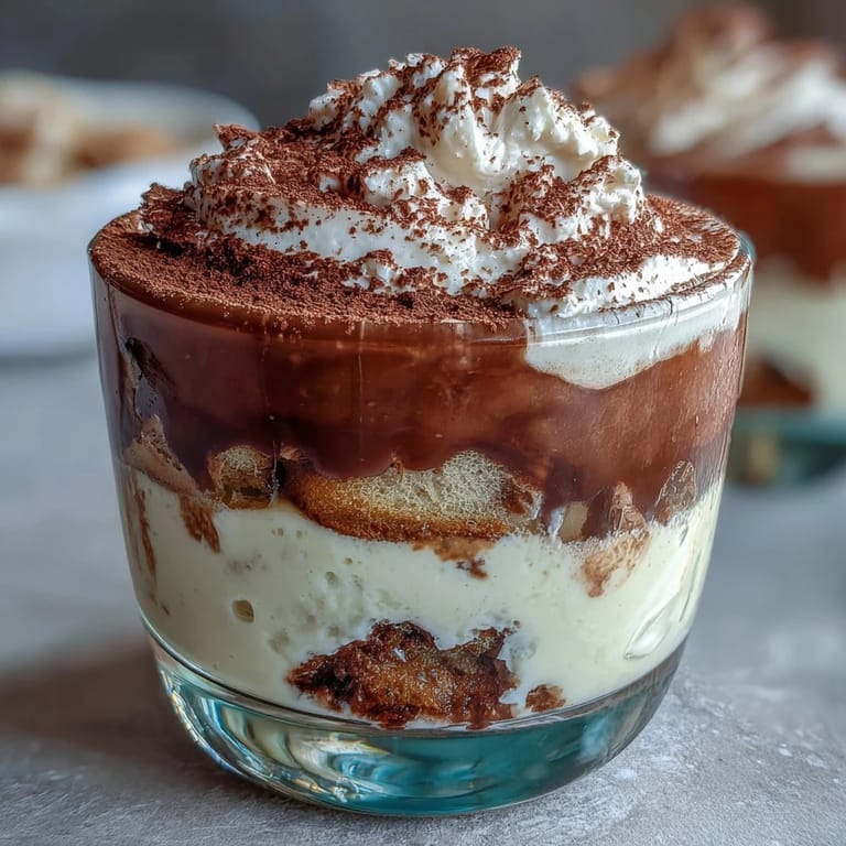 Indulgent dessert cups featuring vanilla bean mascarpone cream, coffee-dipped ladyfingers, and a dusting of rich cocoa powder.