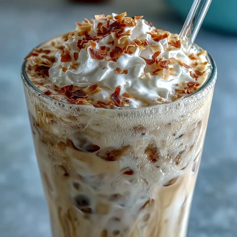 A frothy Vanilla Bean Coconut Frappuccino Mocktail topped with whipped coconut cream and toasted coconut flakes.