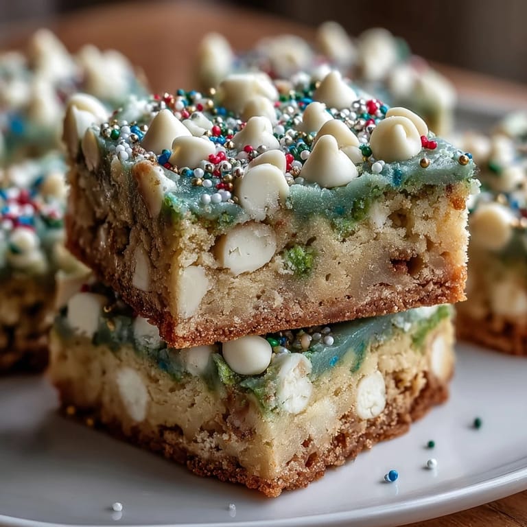 Buttery, chewy cookie bars layered with rainbow sprinkles and white chocolate chips, perfect for celebrating St. Patrick's Day with a sweet, colorful treat.