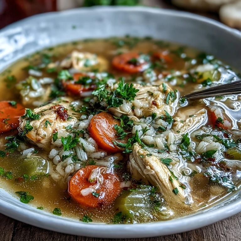 Warm and comforting one-pot chicken and rice soup loaded with vegetables, seasoned chicken, and aromatic herbs for a nourishing meal.  
