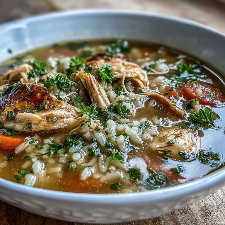 Cozy serving of one-pot healthy chicken and rice soup featuring tender chicken, hearty rice, and vibrant vegetables in rich broth.
