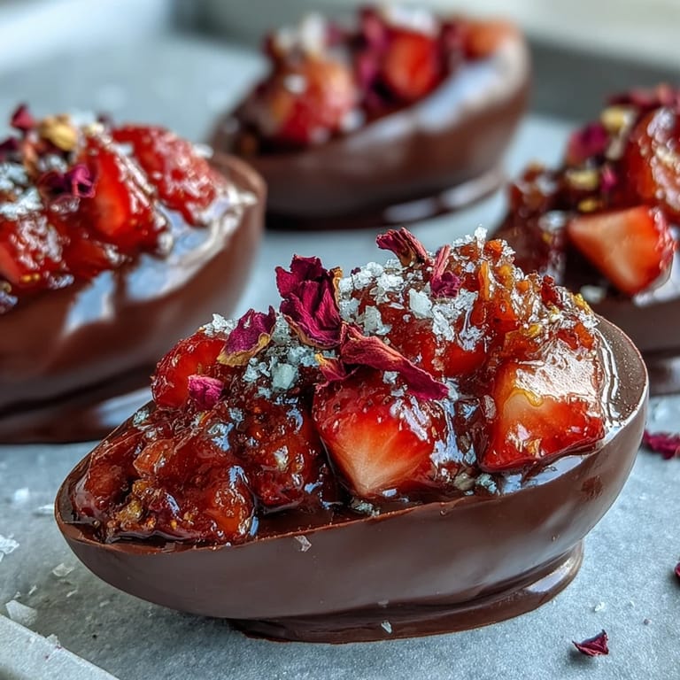 Silky dark chocolate cups brimming with ripe strawberries, fragrant pistachio crunch, and a hint of Middle Eastern rosewater.