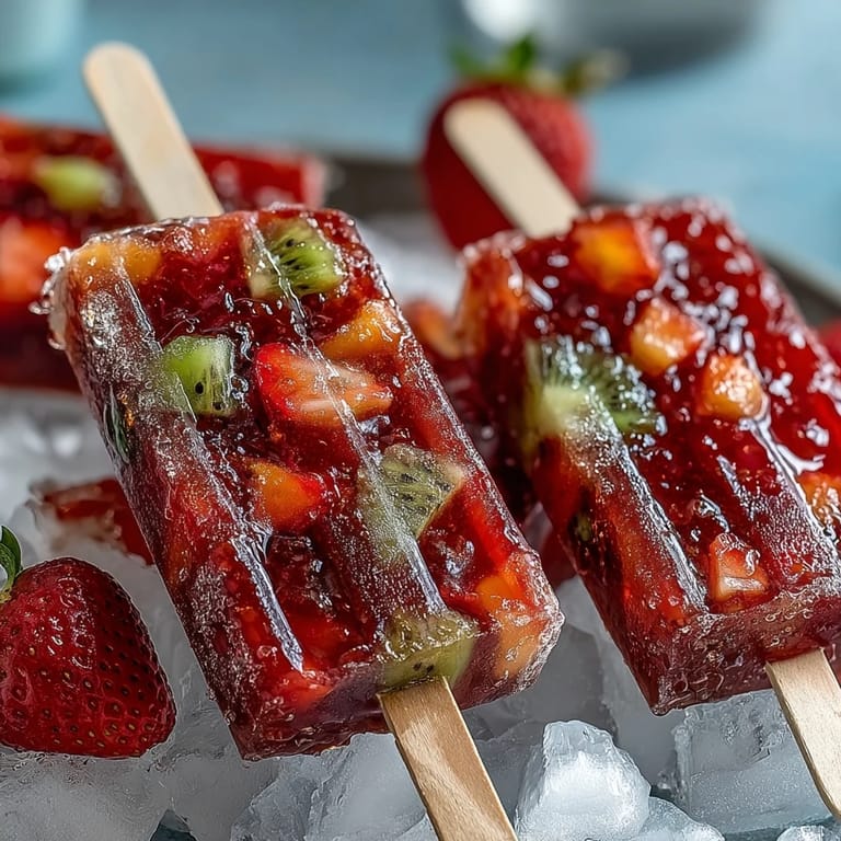 Colorful frozen treats featuring ripe strawberries, kiwi, mango, and pineapple chunks in a boozy lime-infused popsicle base.  