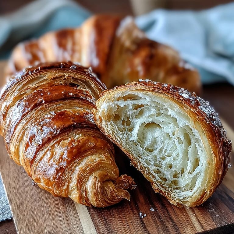 Crisp, buttery sourdough croissants with a light, airy interior, baked to golden perfection for a classic treat.