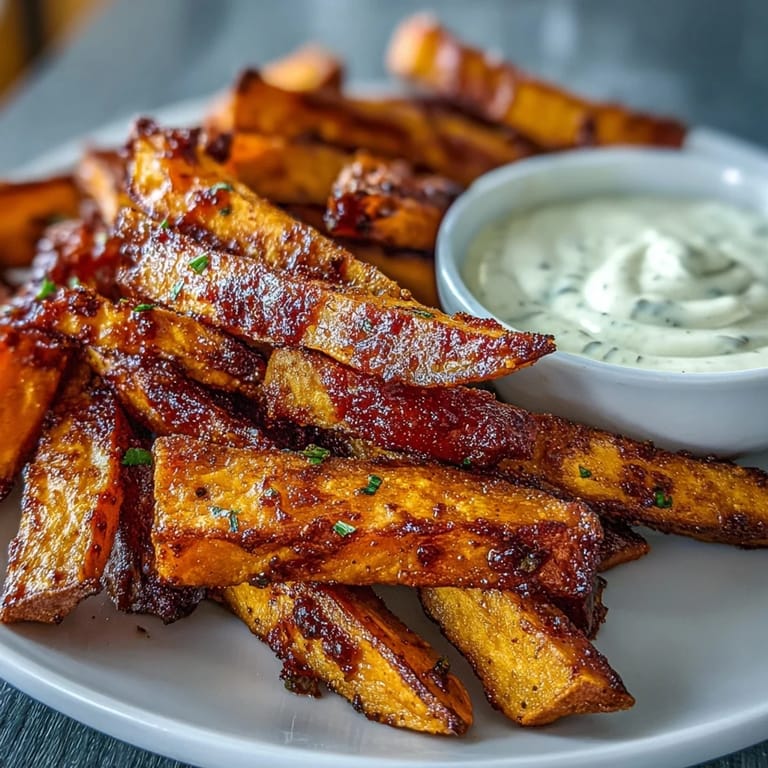 Crispy sweet potato fries made in the air fryer, golden and seasoned, served with a rich, tangy garlic aioli.