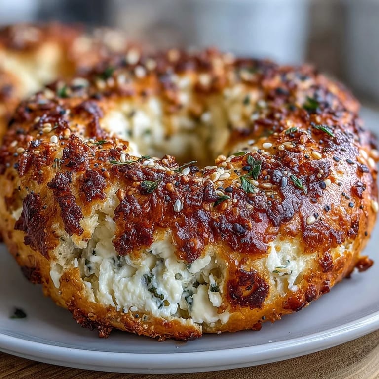 Easy two-ingredient cottage cheese bagels baked until golden brown, topped with everything bagel seasoning for extra flavor.  
