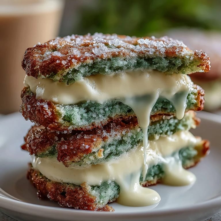 Soft and chewy green sugar cookies sandwiched with fluffy vanilla frosting and rolled in shimmering sugar, ideal for holiday parties.