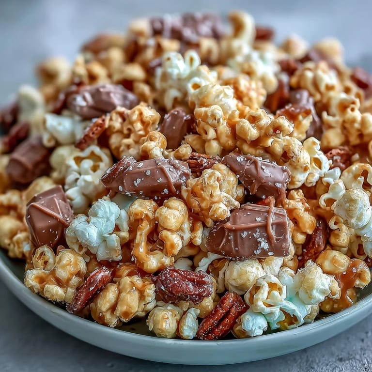 Homemade caramel candy apple popcorn mix, featuring buttery caramel coating, chewy apples, and festive candy-coated chocolates.
