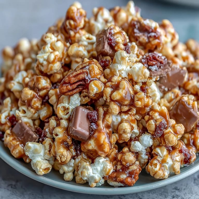Sweet and crunchy caramel candy apple popcorn mix, perfect for movie night snacking or fall gatherings.