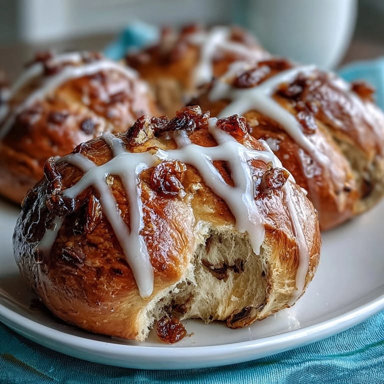 Classic Hot Cross Buns with sweet citrus glaze, filled with dried fruit and a touch of lemon zest.