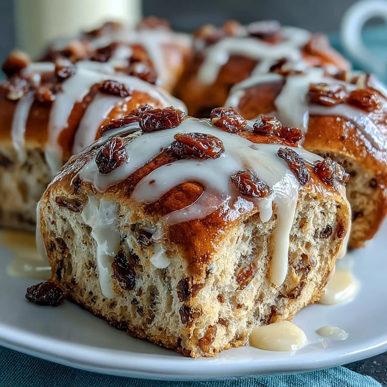 Golden Hot Cross Buns topped with a zesty citrus glaze, served warm with a hint of cinnamon and nutmeg.  