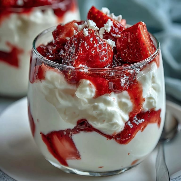 Chilled strawberry compote spooned over Greek yogurt, perfect for breakfast or dessert.