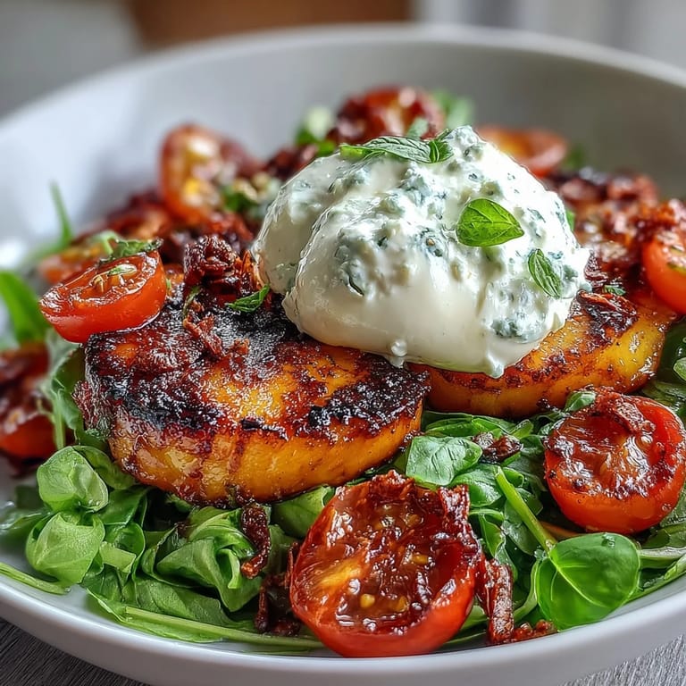 Arugula, grilled peaches, and burrata combine for a refreshing, colorful salad topped with tangy balsamic drizzle.  