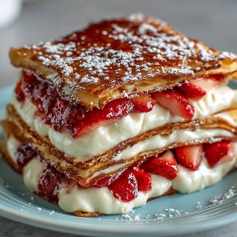 Showstopping strawberry crepe cake with thin pancakes, fresh berries, and silky vanilla cream, ideal for special occasions.
