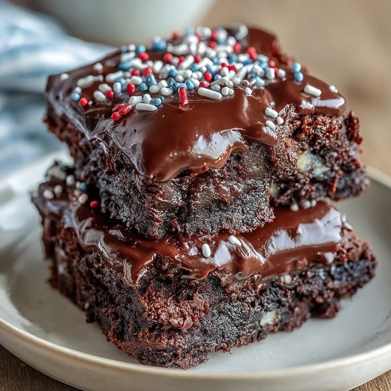 Fudgy brownie bites topped with smooth vanilla frosting and patriotic sprinkles, perfect for sharing at summer celebrations.
