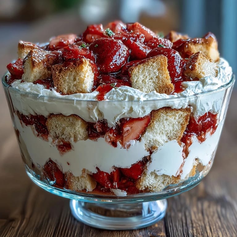 Elegant strawberry shortcake trifle with fresh berries, golden shortcake cubes, and clouds of whipped cream.