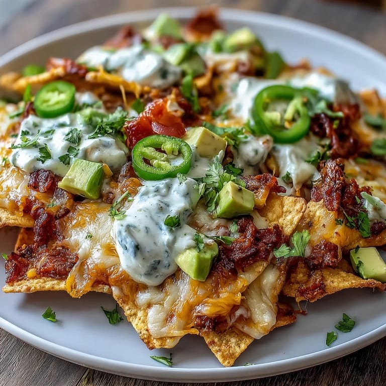 Crispy tortilla chips smothered in rich, creamy cheese sauce, topped with avocado, tomatoes, and zesty lime for a perfect snack.
