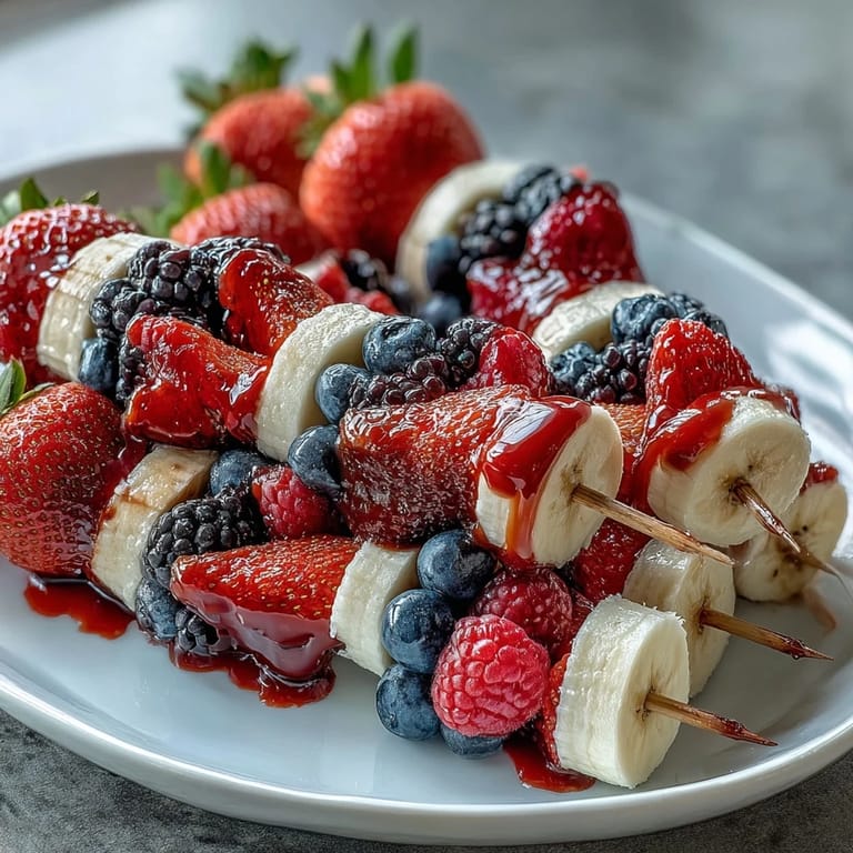 Red, white, and blue fruit skewers featuring fresh strawberries, banana slices, and juicy blueberries for a summer celebration.