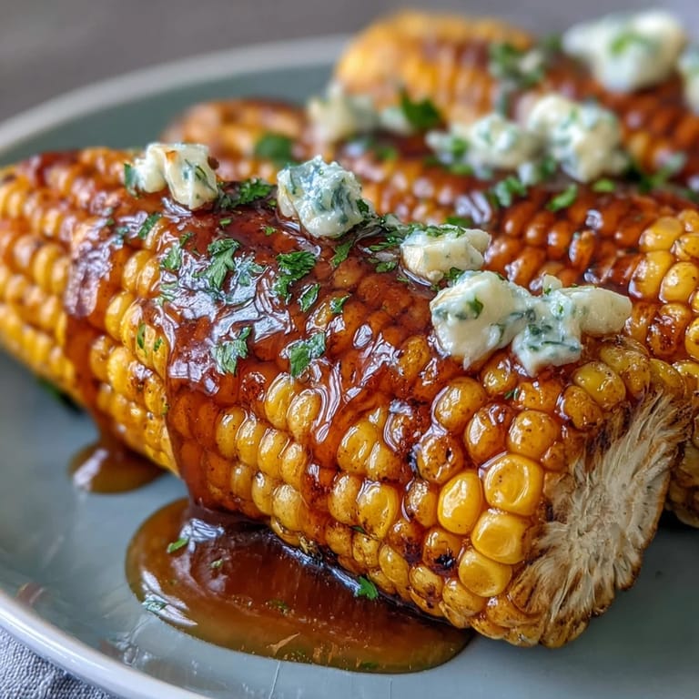 Garlic butter-drenched corn on the cob, juicy and fragrant, served hot with a sprinkle of fresh parsley.