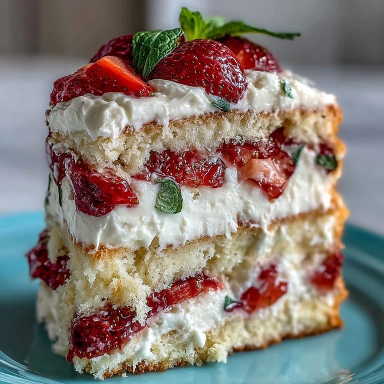 Elegant naked cake with strawberries and cream, delicate layers of sponge and luscious whipped frosting.