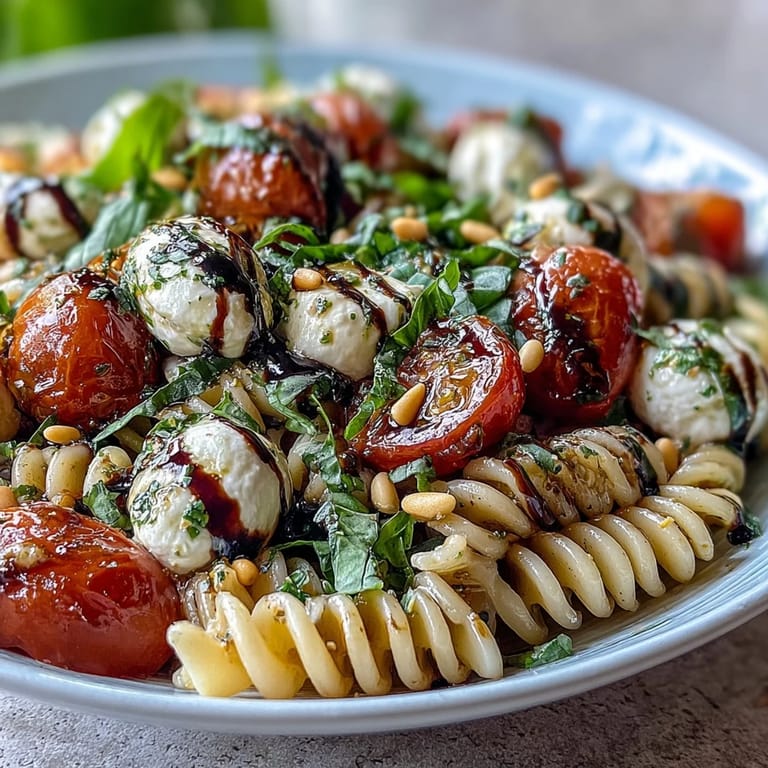 Colorful Caprese pasta salad tossed with sweet tomatoes, milky mozzarella, and bright basil, finished with olive oil and balsamic glaze.
