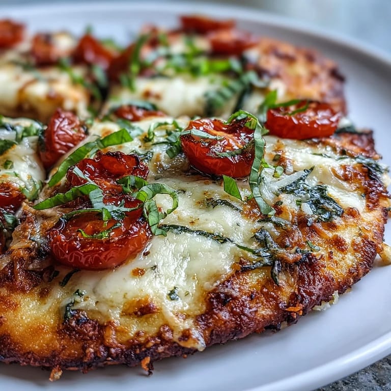 Freshly sliced Crispy Garlic Parmesan Naan Pizza on a wooden board with basil garnish and red onion toppings.