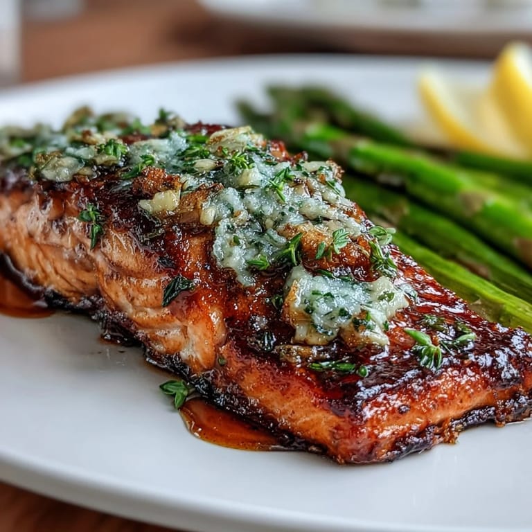 Pan-seared salmon with garlic butter and asparagus, garnished with fresh parsley and lemon slices for a vibrant and flavorful spring dinner.